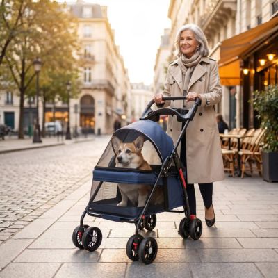 vieux corgi dans poussette pour chien en ville
