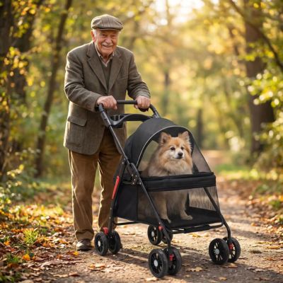 vieux spitz dans poussette pour chien