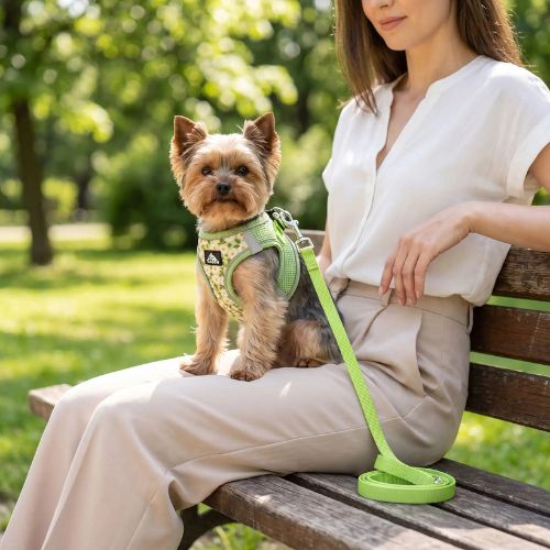 yorkshire assis sur genoux porte harnais petit chien fleuri vert